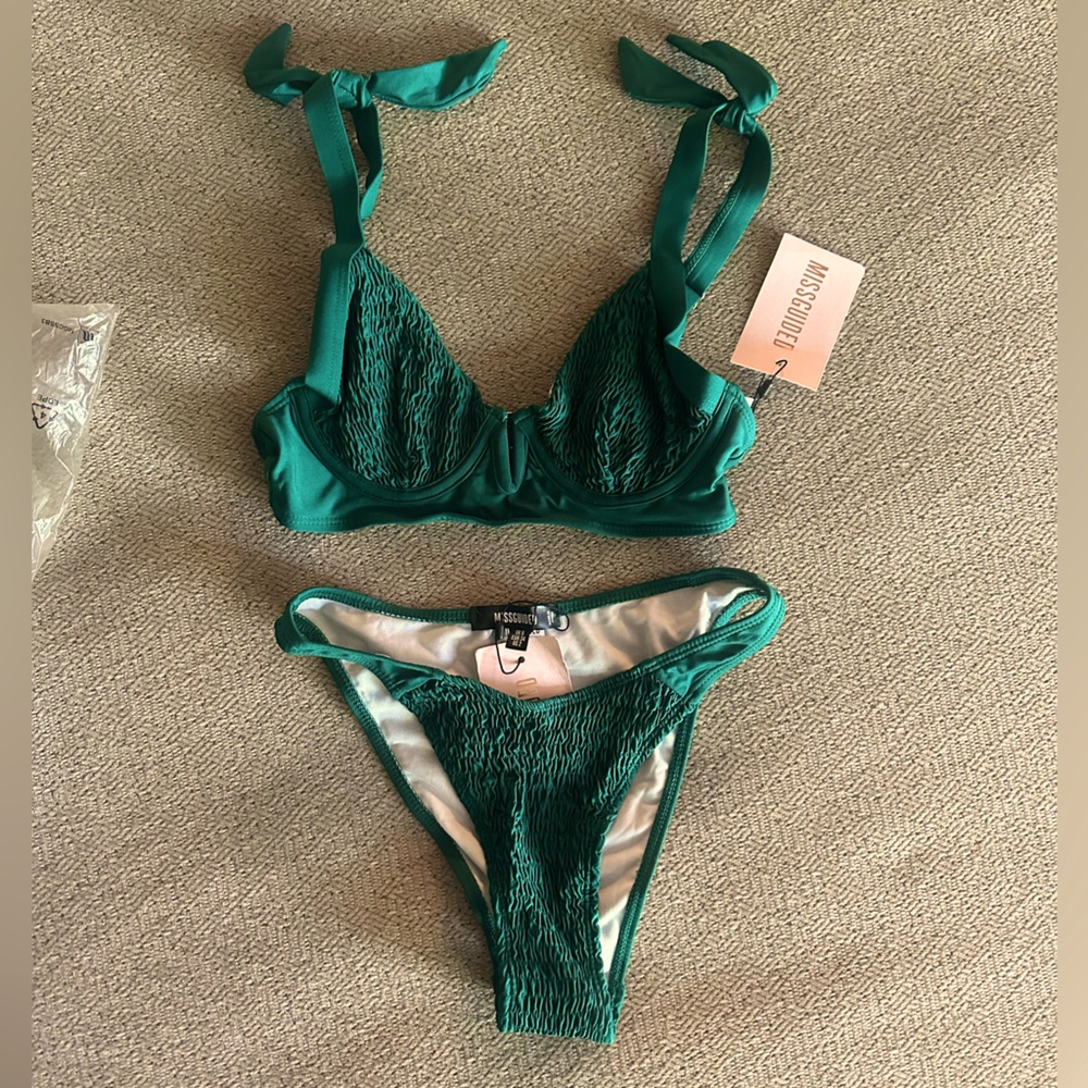 Missguided green crinkle bikini size 6. Never worn, hygiene protection intact.